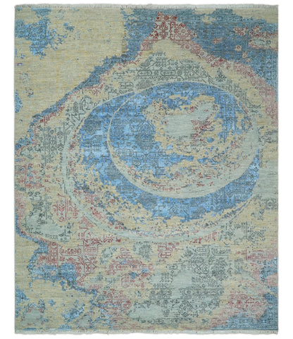 8x10 Fine Hand Knotted Beige and Blue Modern Abstract Style Antique Wool and Silk Area Rug | AGR37 - Nuvé