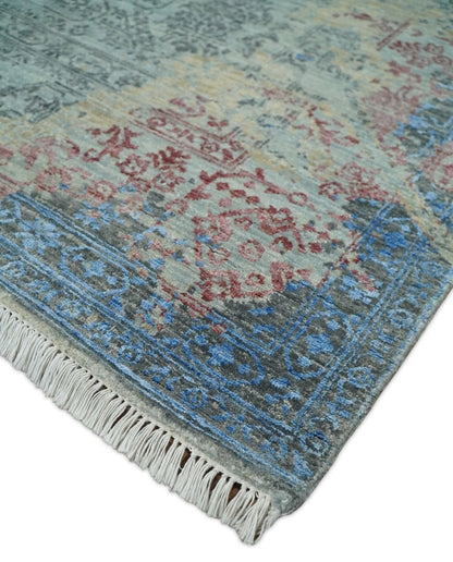 8x10 Fine Hand Knotted Beige and Blue Modern Abstract Style Antique Wool and Silk Area Rug | AGR37 - Nuvé