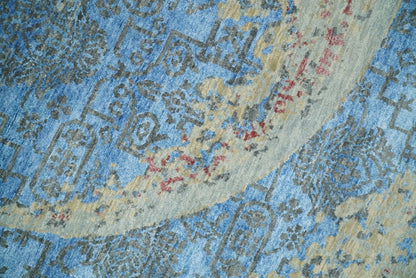 8x10 Fine Hand Knotted Beige and Blue Modern Abstract Style Antique Wool and Silk Area Rug | AGR37 - Nuvé