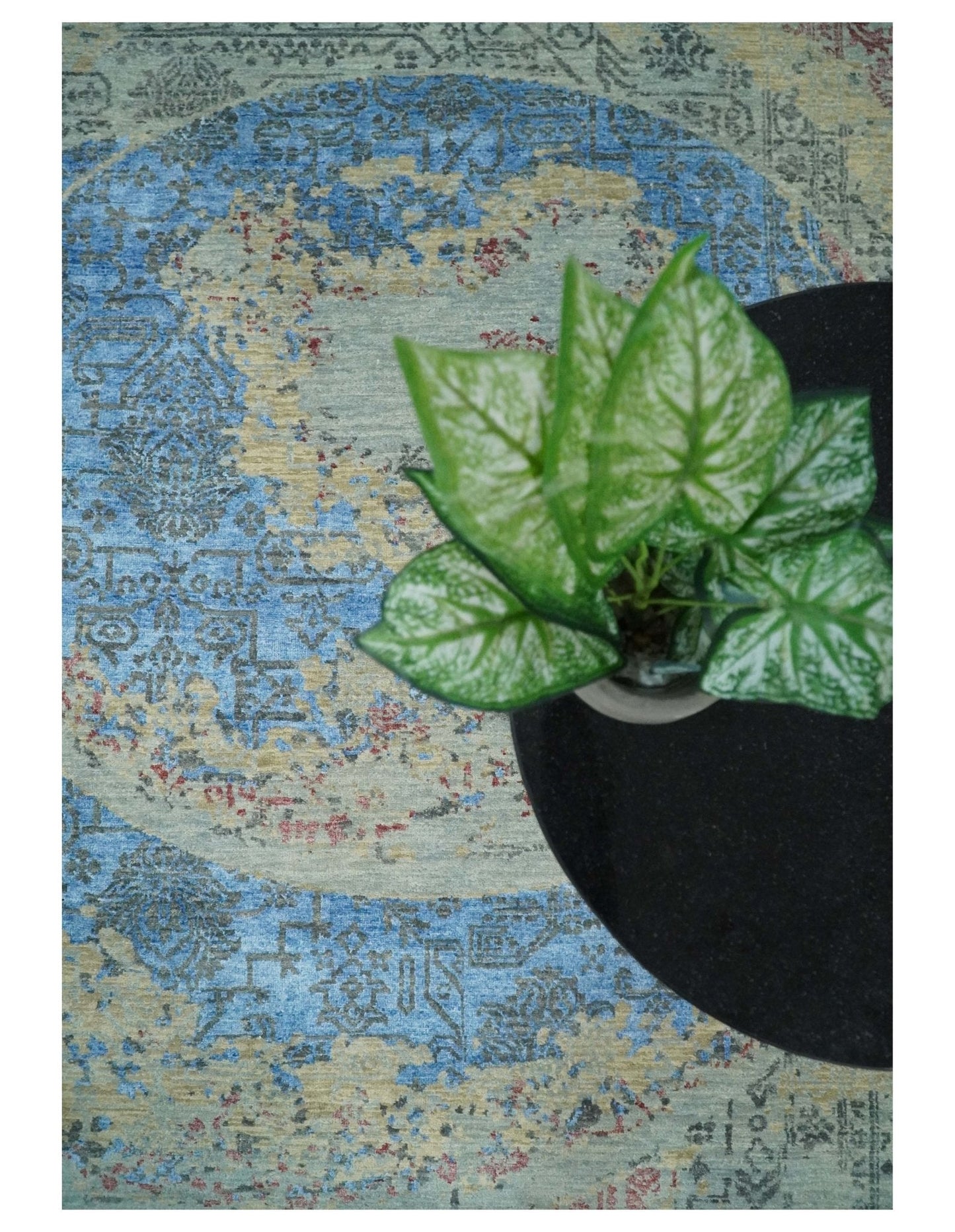 8x10 Fine Hand Knotted Beige and Blue Modern Abstract Style Antique Wool and Silk Area Rug | AGR37 - Nuvé