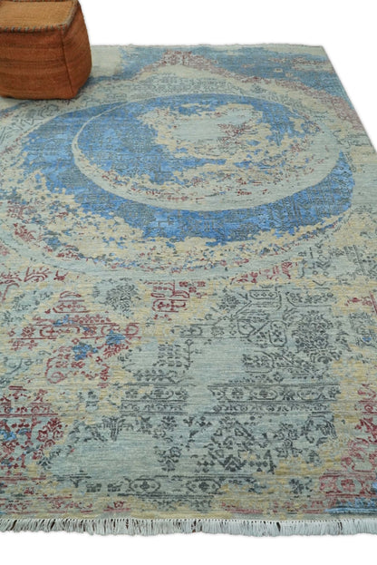 8x10 Fine Hand Knotted Beige and Blue Modern Abstract Style Antique Wool and Silk Area Rug | AGR37 - Nuvé