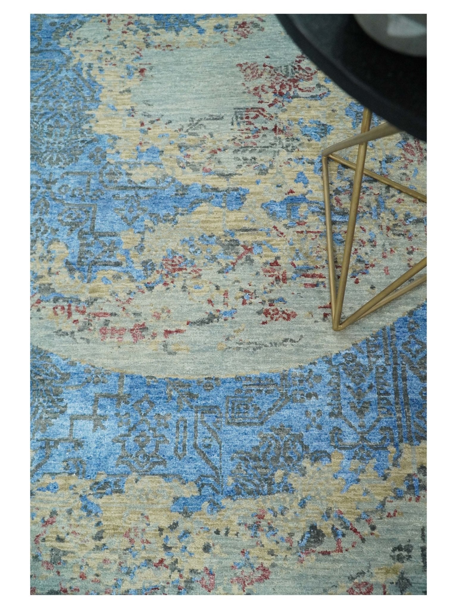 8x10 Fine Hand Knotted Beige and Blue Modern Abstract Style Antique Wool and Silk Area Rug | AGR37 - Nuvé