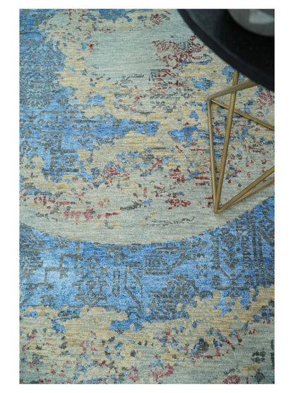 8x10 Fine Hand Knotted Beige and Blue Modern Abstract Style Antique Wool and Silk Area Rug | AGR37 - Nuvé