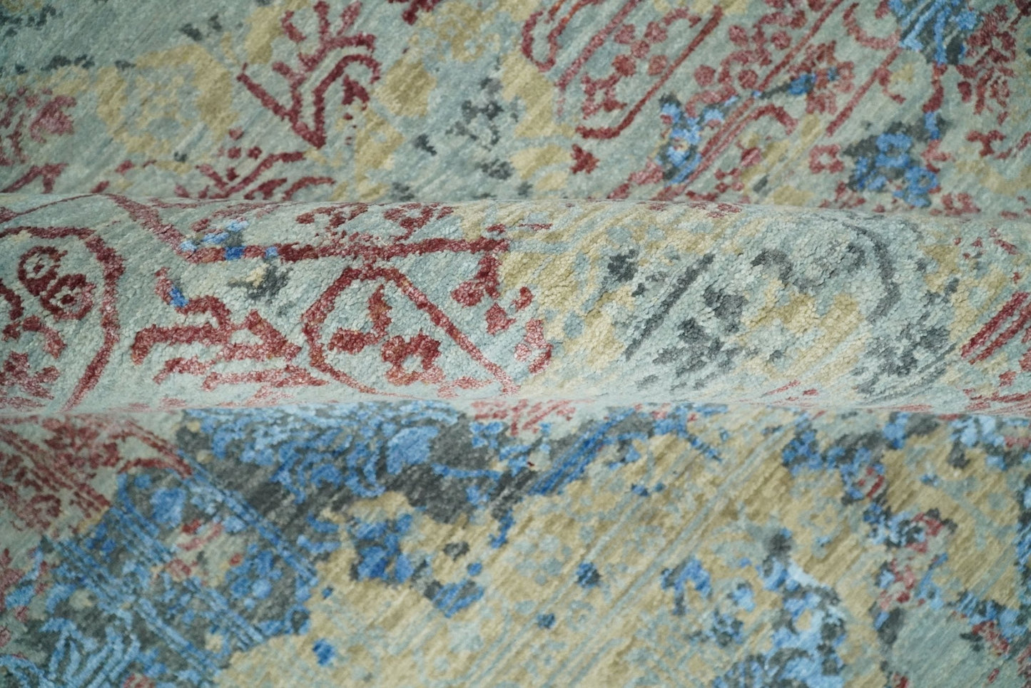 8x10 Fine Hand Knotted Beige and Blue Modern Abstract Style Antique Wool and Silk Area Rug | AGR37 - Nuvé