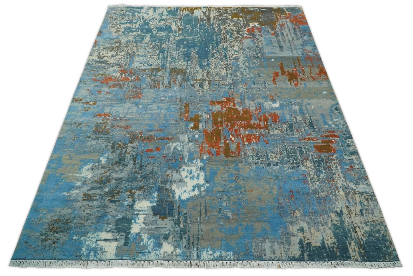8x10 Fine Hand Knotted Beige and Blue Modern Abstract Style Antique Wool and Silk Area Rug | AGR43 - Nuvé