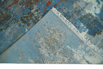 8x10 Fine Hand Knotted Beige and Blue Modern Abstract Style Antique Wool and Silk Area Rug | AGR43 - Nuvé