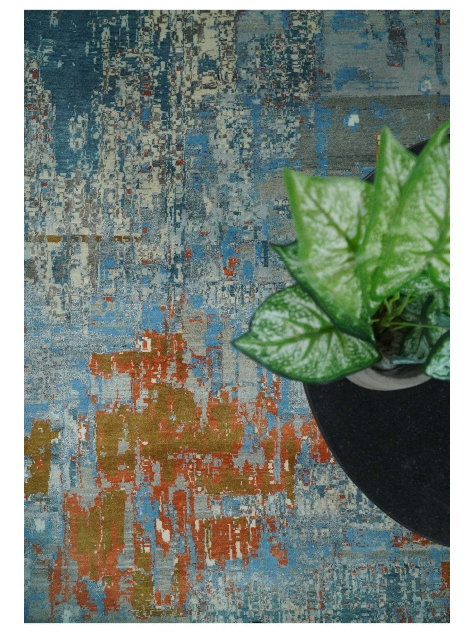 8x10 Fine Hand Knotted Beige and Blue Modern Abstract Style Antique Wool and Silk Area Rug | AGR43 - Nuvé