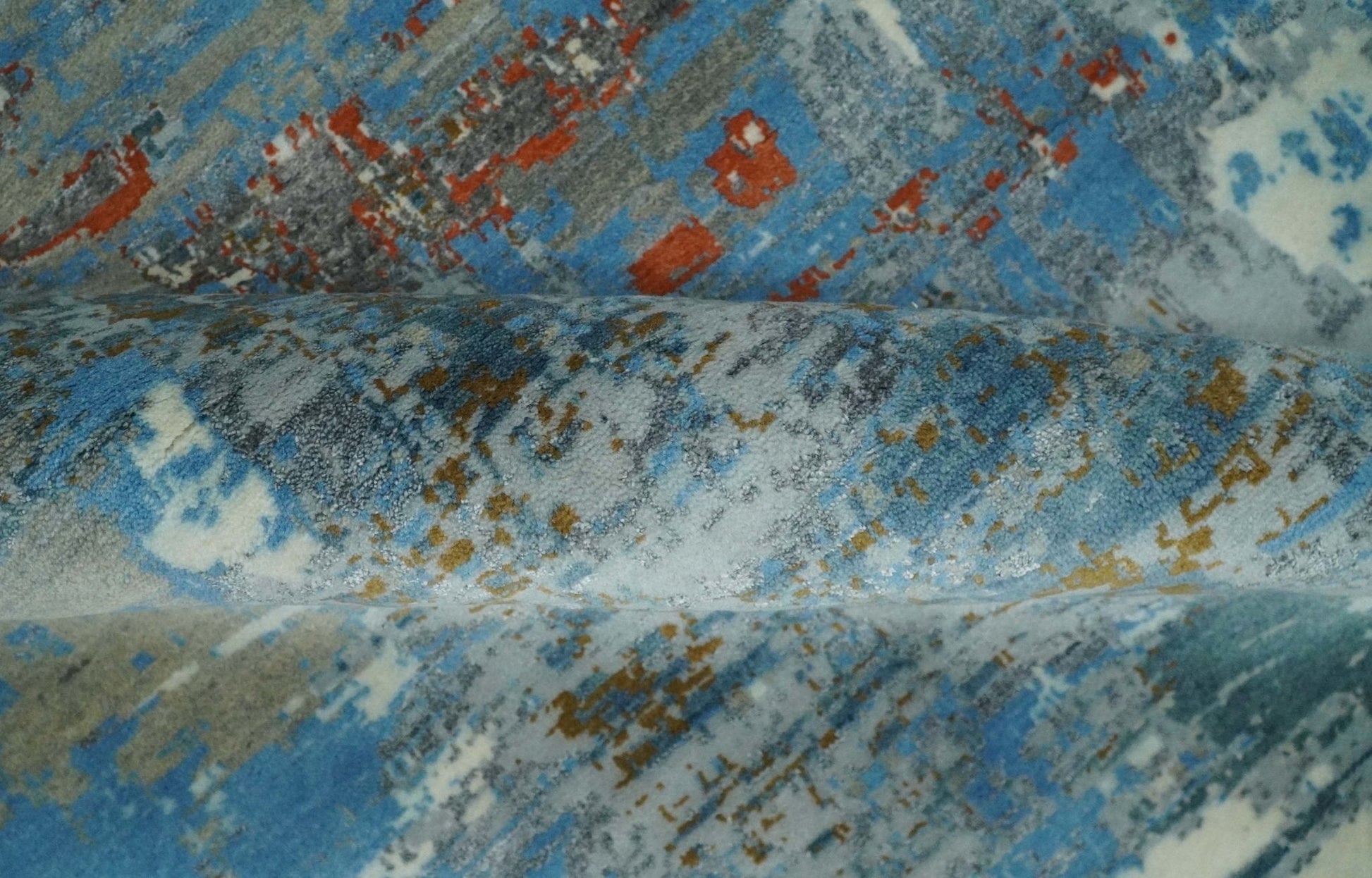 8x10 Fine Hand Knotted Beige and Blue Modern Abstract Style Antique Wool and Silk Area Rug | AGR43 - Nuvé