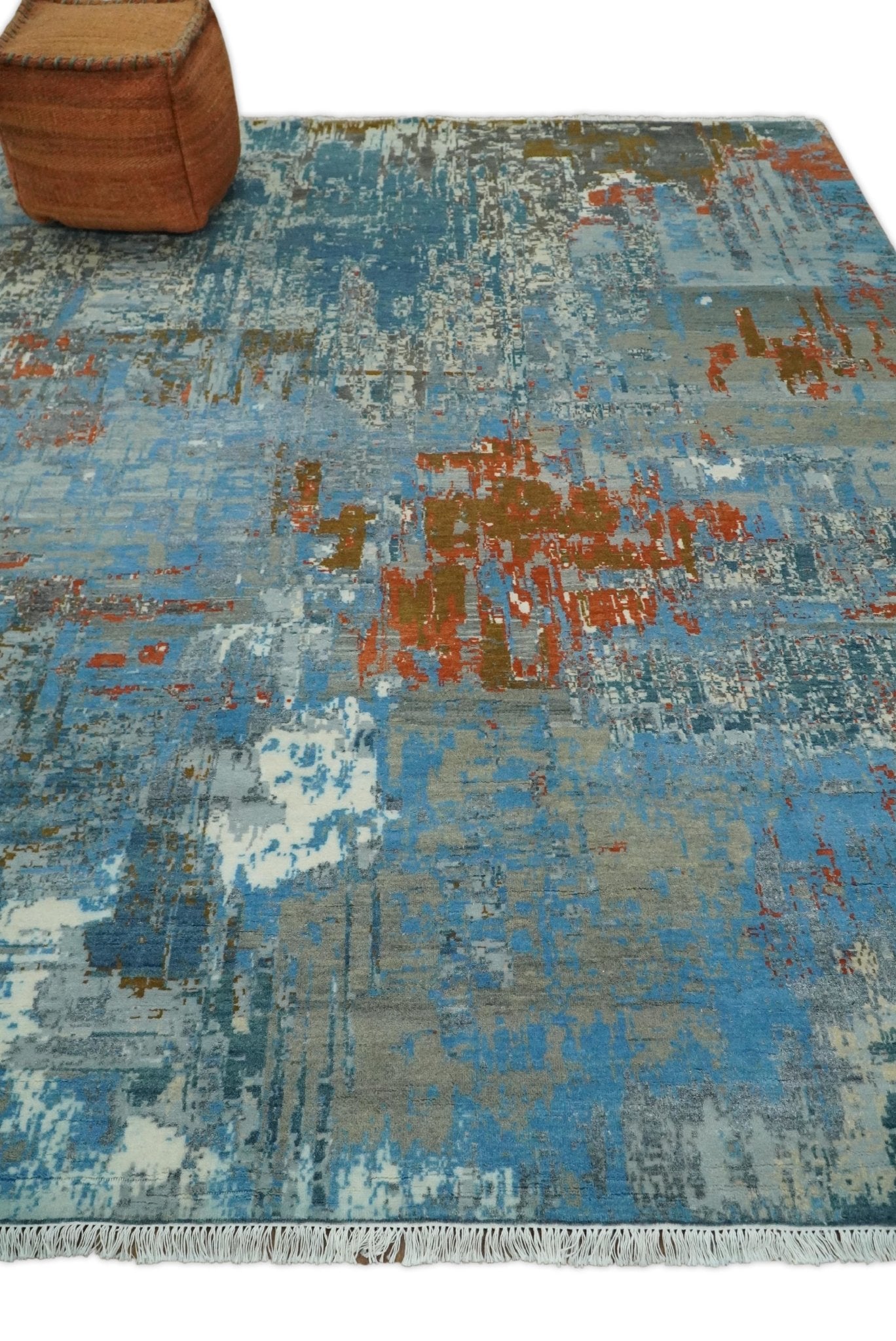 8x10 Fine Hand Knotted Beige and Blue Modern Abstract Style Antique Wool and Silk Area Rug | AGR43 - Nuvé