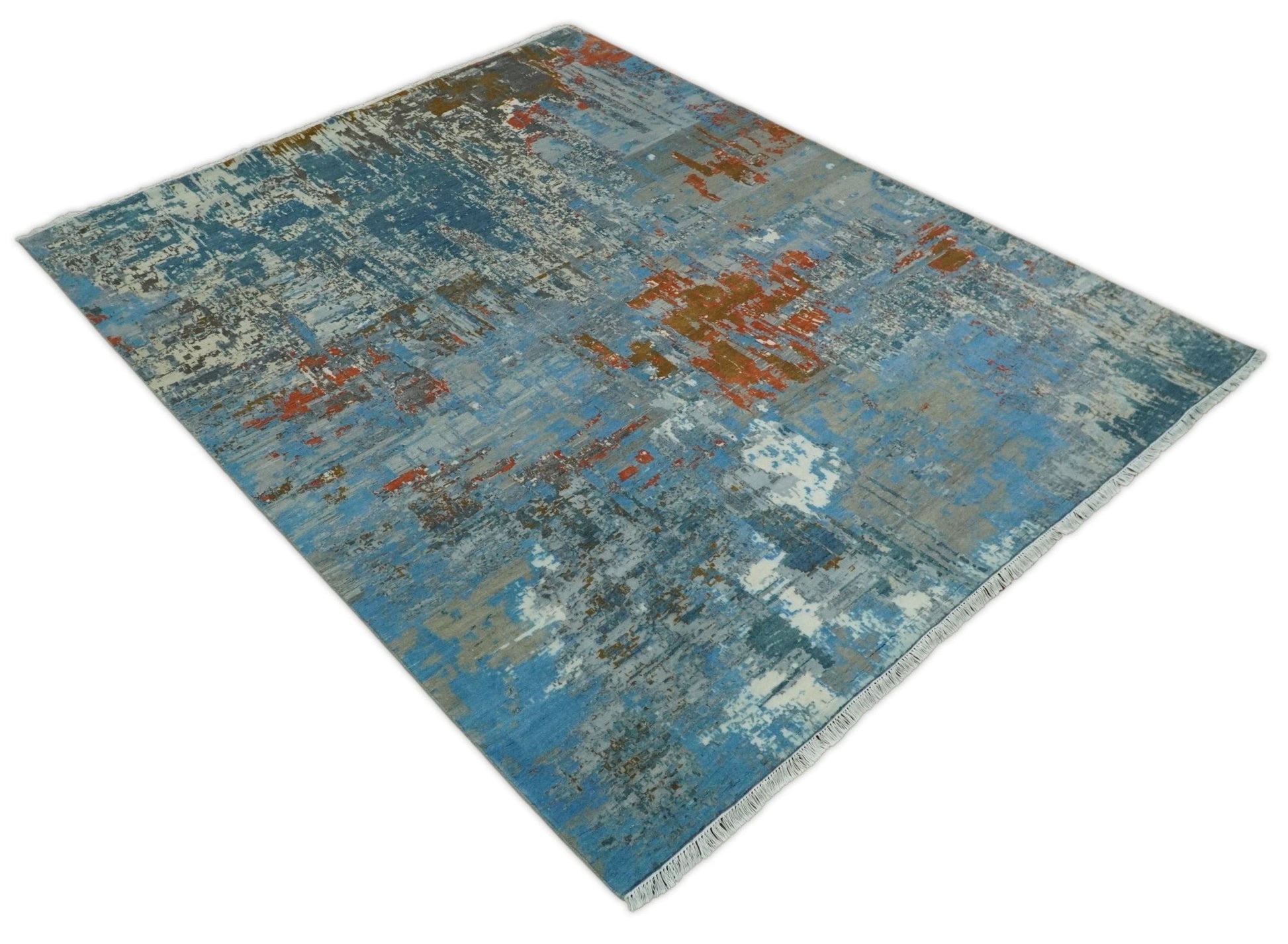 8x10 Fine Hand Knotted Beige and Blue Modern Abstract Style Antique Wool and Silk Area Rug | AGR43 - Nuvé