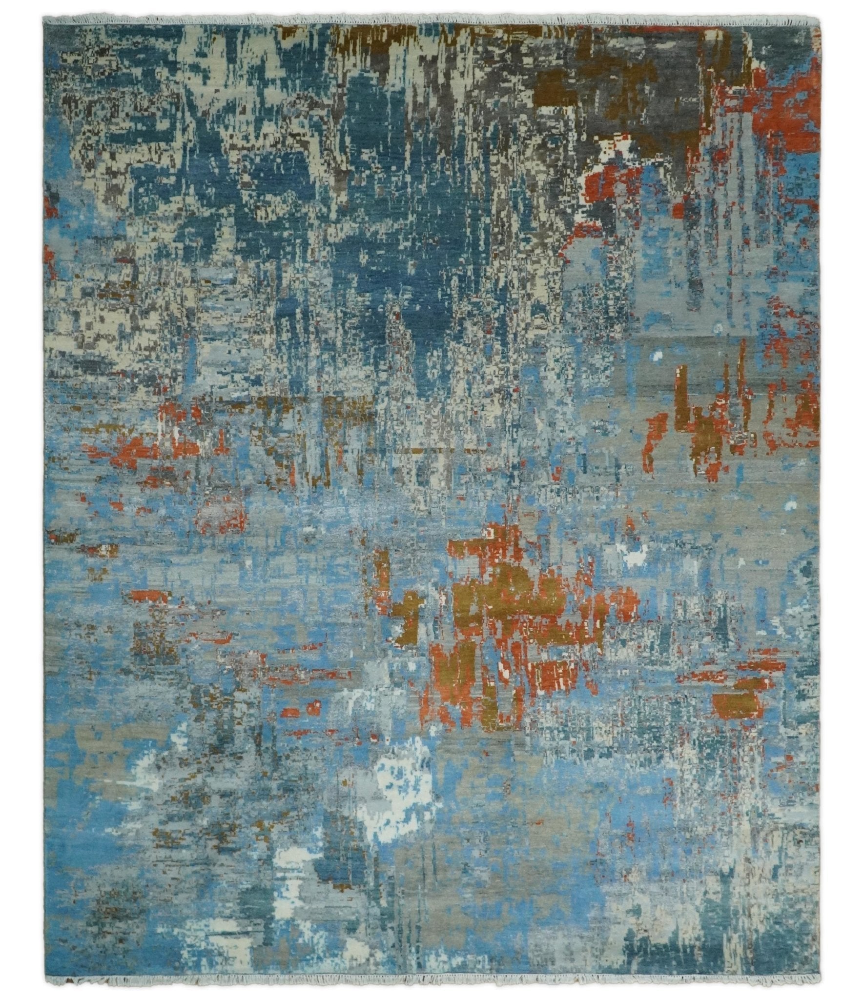 8x10 Fine Hand Knotted Beige and Blue Modern Abstract Style Antique Wool and Silk Area Rug | AGR43 - Nuvé