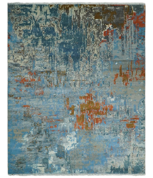 8x10 Fine Hand Knotted Beige and Blue Modern Abstract Style Antique Wool and Silk Area Rug | AGR43 - Nuvé