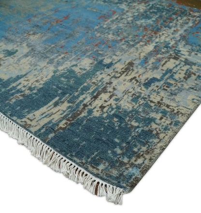 8x10 Fine Hand Knotted Beige and Blue Modern Abstract Style Antique Wool and Silk Area Rug | AGR43 - Nuvé