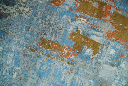 8x10 Fine Hand Knotted Beige and Blue Modern Abstract Style Antique Wool and Silk Area Rug | AGR43 - Nuvé