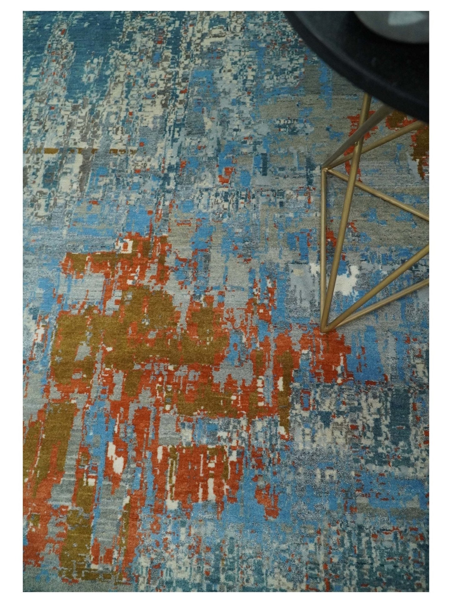 8x10 Fine Hand Knotted Beige and Blue Modern Abstract Style Antique Wool and Silk Area Rug | AGR43 - Nuvé