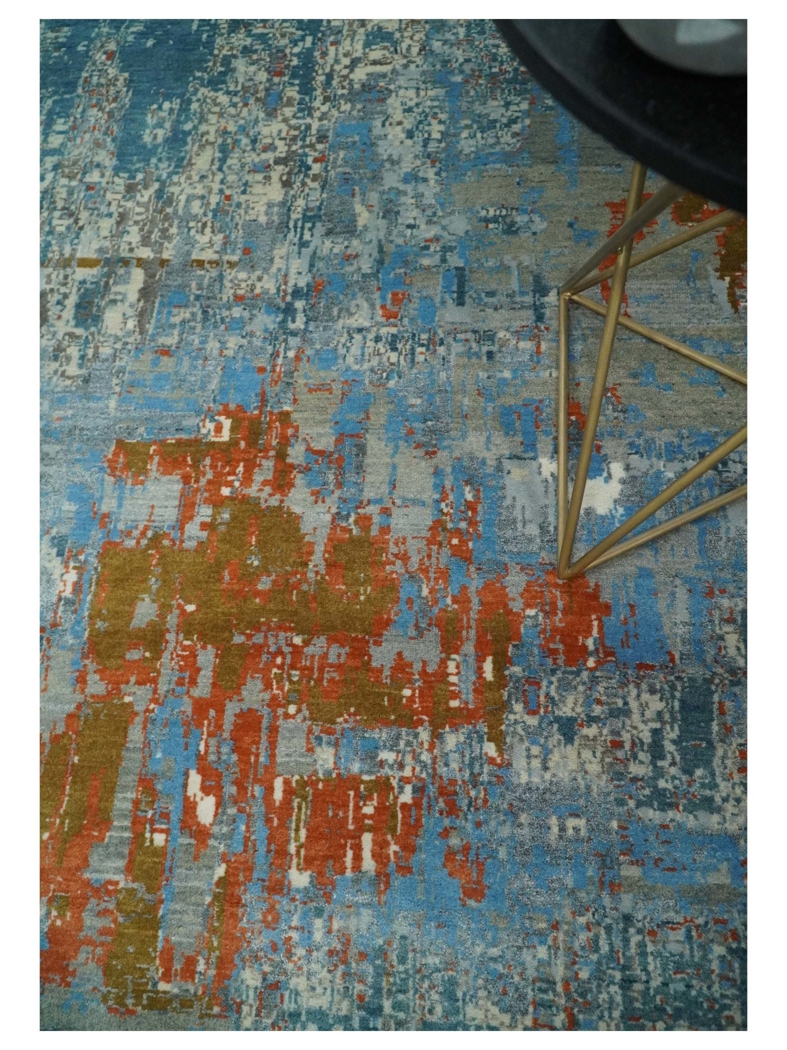 8x10 Fine Hand Knotted Beige and Blue Modern Abstract Style Antique Wool and Silk Area Rug | AGR43 - Nuvé
