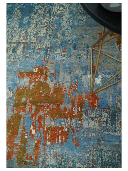 8x10 Fine Hand Knotted Beige and Blue Modern Abstract Style Antique Wool and Silk Area Rug | AGR43 - Nuvé