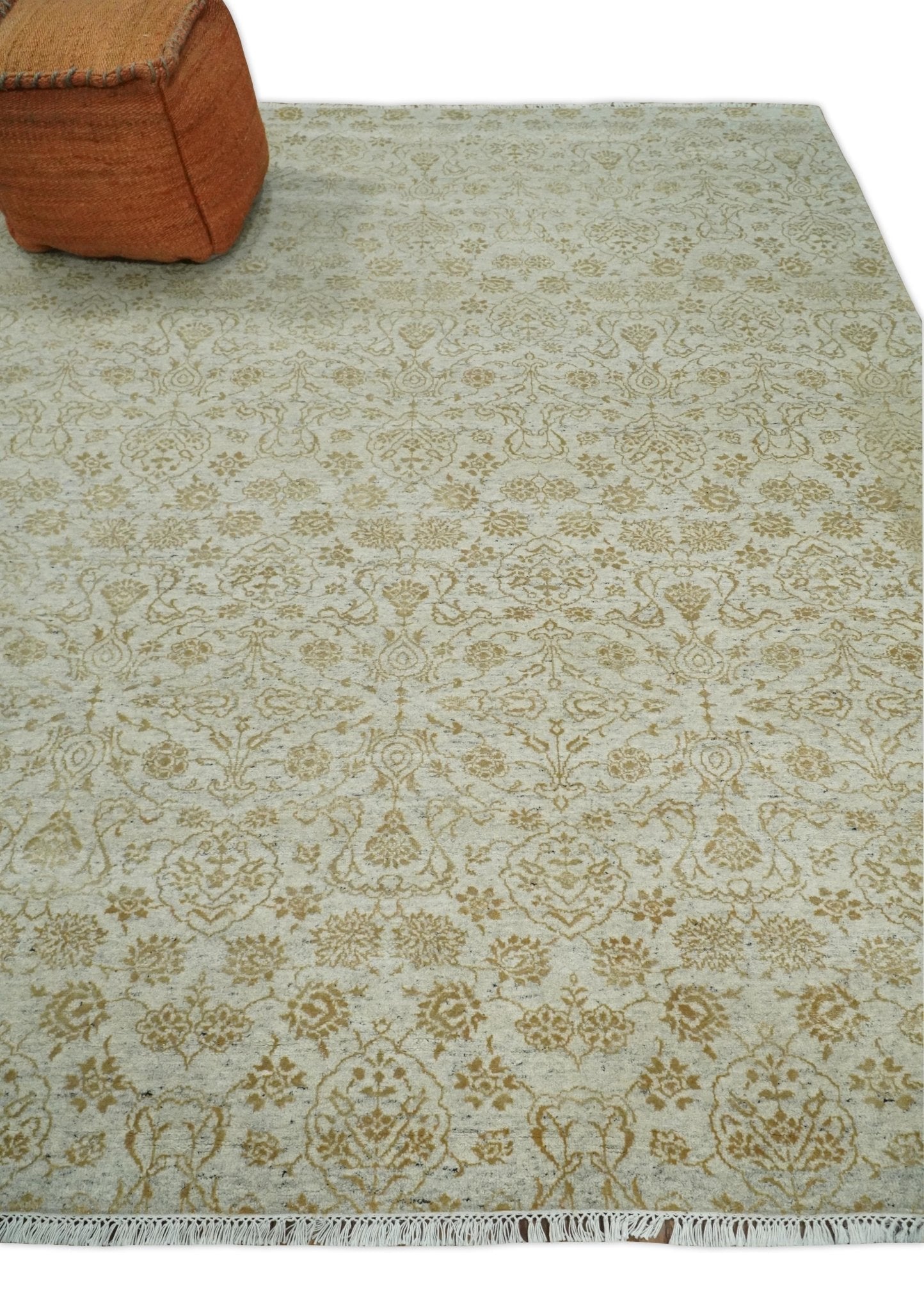 8x10 Fine Hand Knotted Beige and Gold Traditional Vintage Persian Style Antique Silk Rug | AGR21 - Nuvé