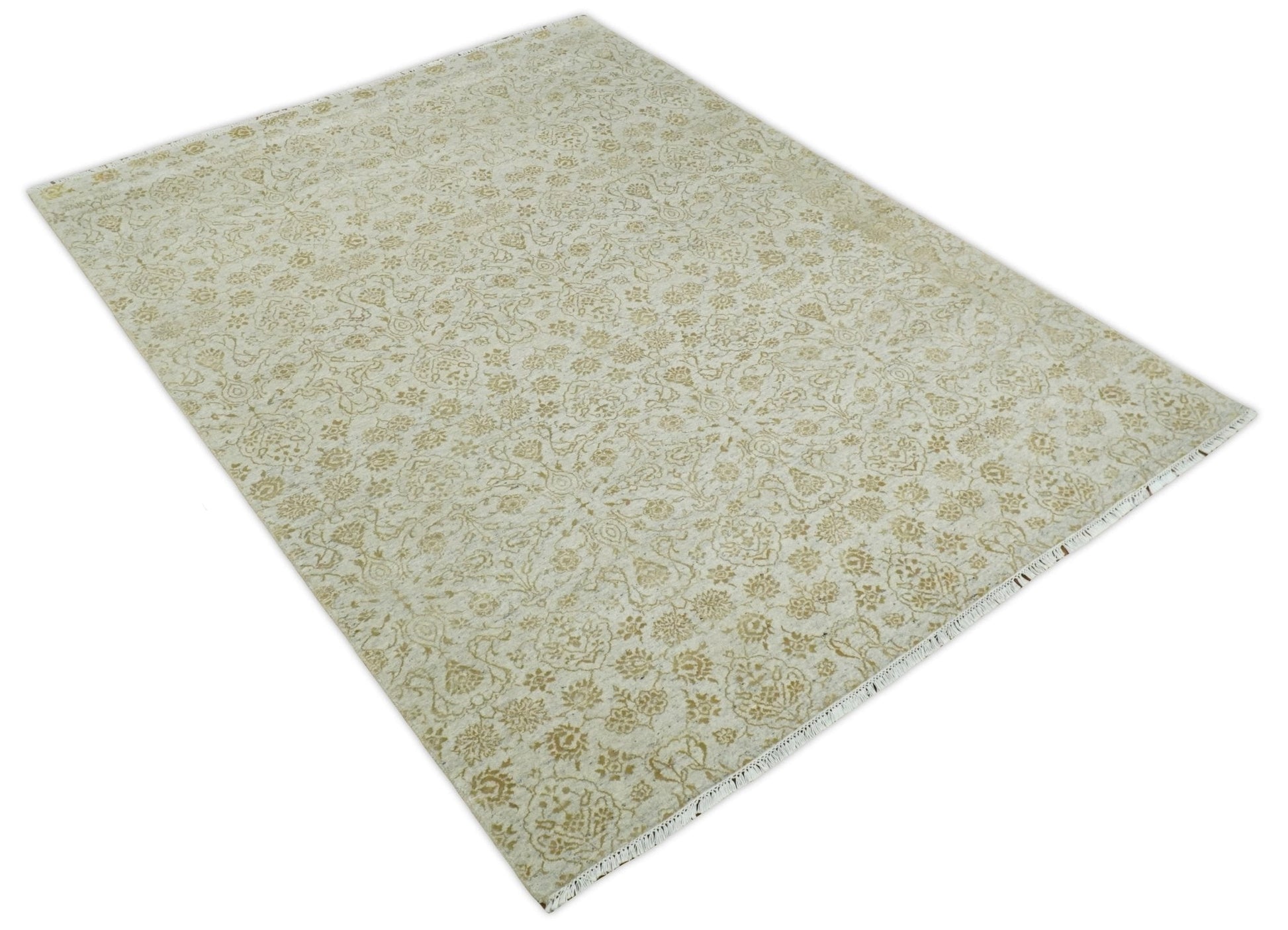 8x10 Fine Hand Knotted Beige and Gold Traditional Vintage Persian Style Antique Silk Rug | AGR21 - Nuvé