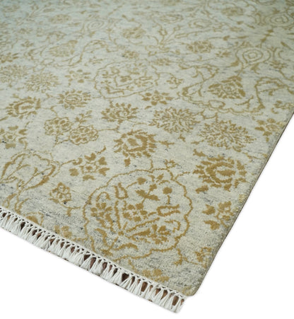 8x10 Fine Hand Knotted Beige and Gold Traditional Vintage Persian Style Antique Silk Rug | AGR21 - Nuvé