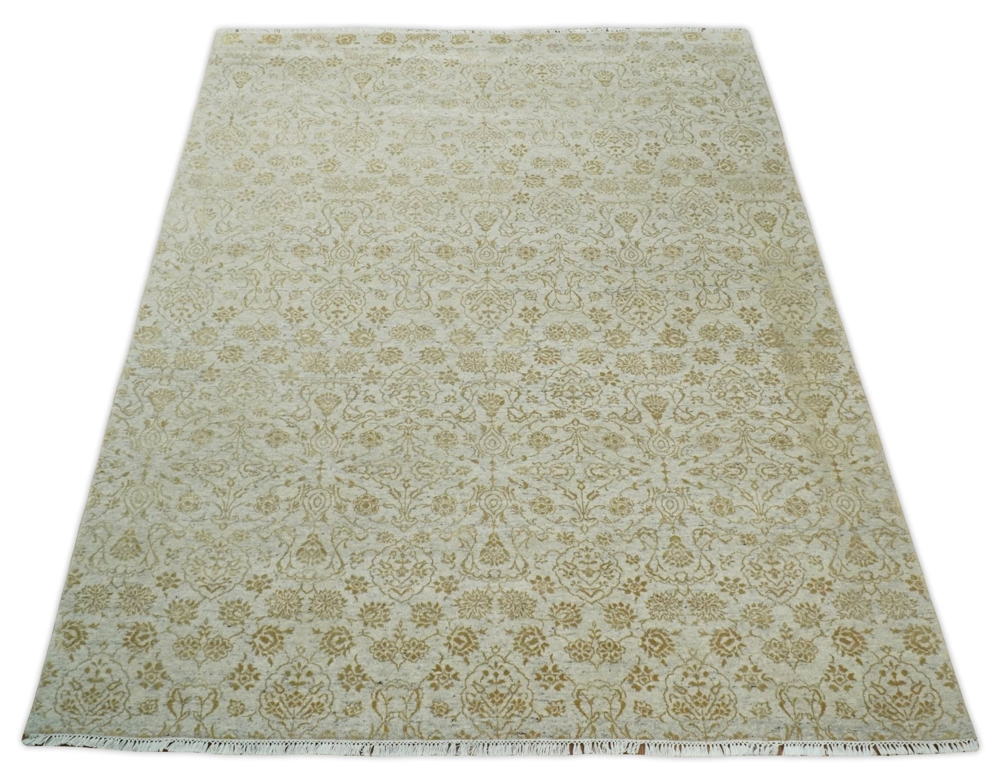 8x10 Fine Hand Knotted Beige and Gold Traditional Vintage Persian Style Antique Silk Rug | AGR21 - Nuvé