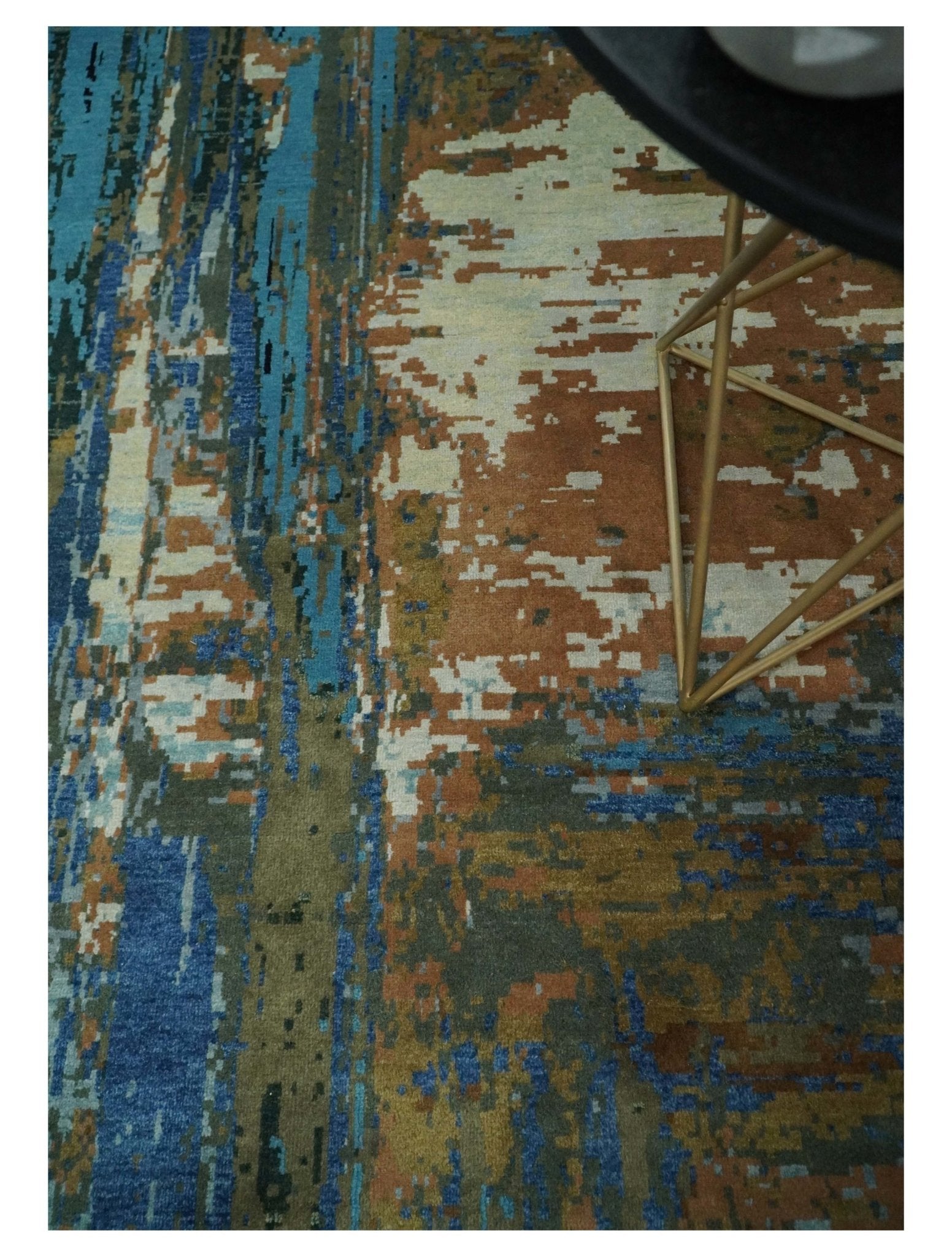 8x10 Fine Hand Knotted Blue and Brown Modern Abstract Wool Area Rug | AGR42 - Nuvé