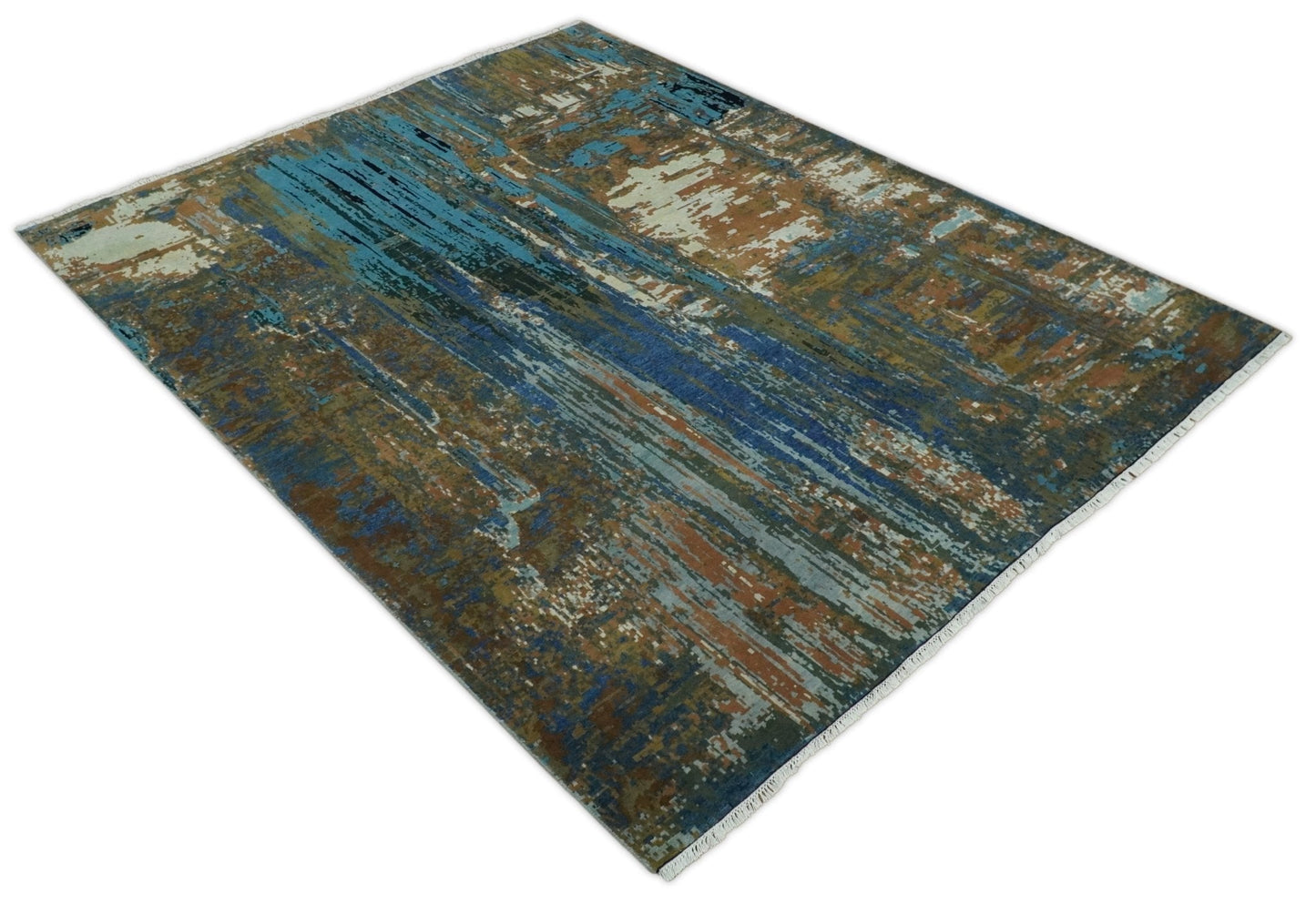 8x10 Fine Hand Knotted Blue and Brown Modern Abstract Wool Area Rug | AGR42 - Nuvé
