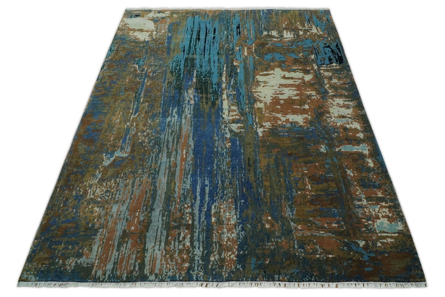 8x10 Fine Hand Knotted Blue and Brown Modern Abstract Wool Area Rug | AGR42 - Nuvé