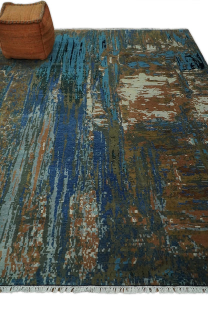 8x10 Fine Hand Knotted Blue and Brown Modern Abstract Wool Area Rug | AGR42 - Nuvé