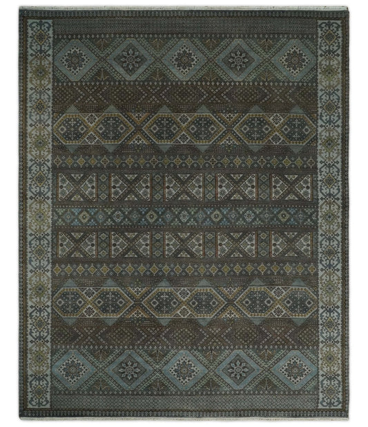 8x10 Fine Hand Knotted Brown and Blue Southwestern Traditional Antique Area Rug | AGR41 - Nuvé