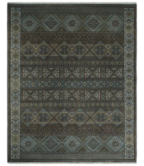 8x10 Fine Hand Knotted Brown and Blue Southwestern Traditional Antique Area Rug