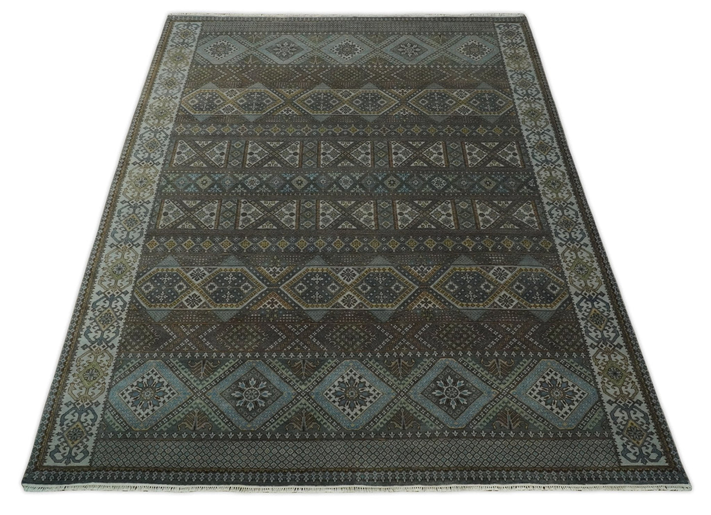 8x10 Fine Hand Knotted Brown and Blue Southwestern Traditional Antique Area Rug | AGR41 - Nuvé