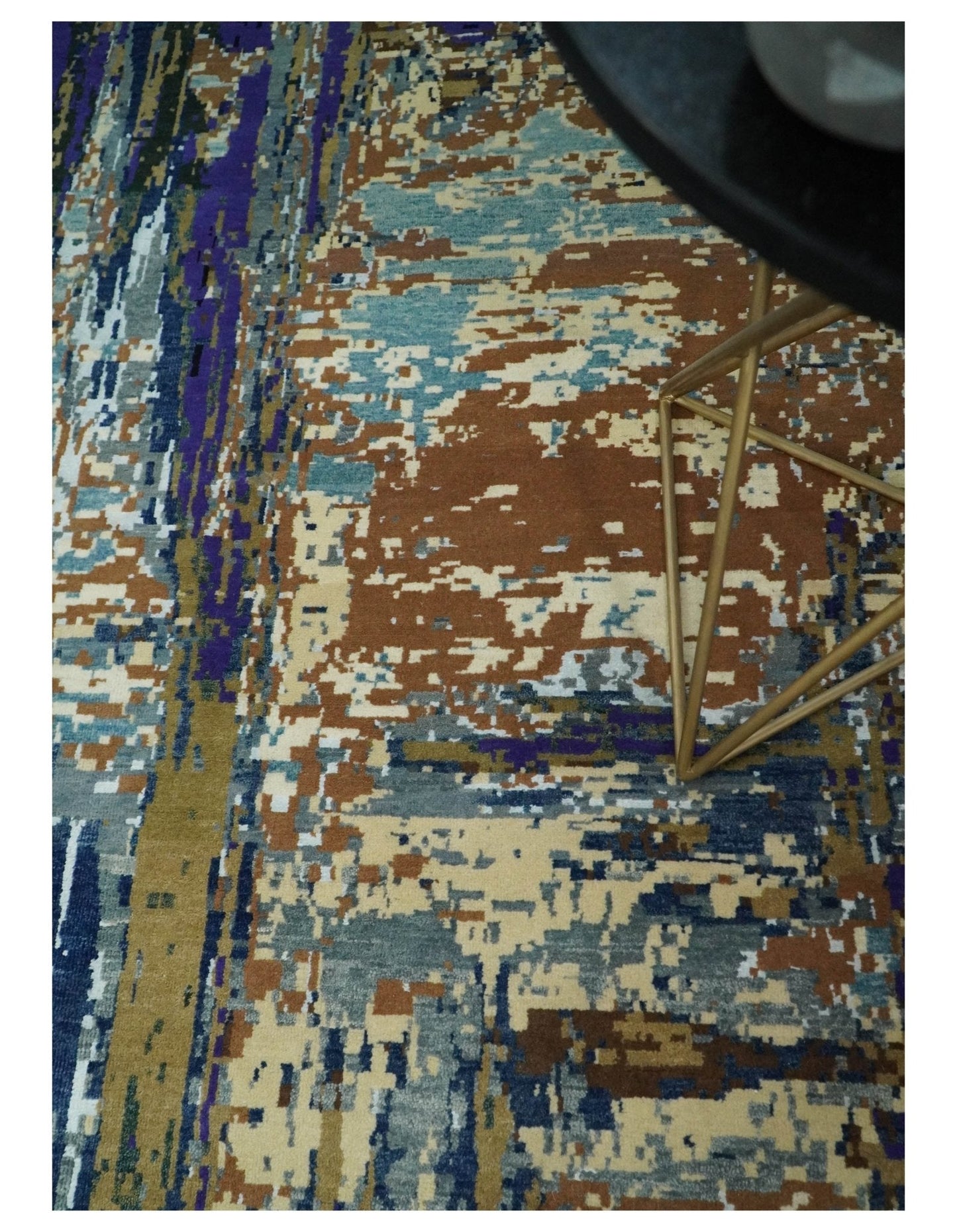 8x10 Fine Hand Knotted Blue And Brown Modern Abstract Wool and Bamboo Silk Area Rug