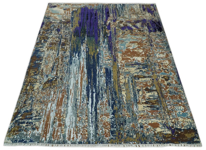 8x10 Fine Hand Knotted Brown Multicolor Modern Abstract Wool and Bamboo Silk Area Rug | AGR19 - Nuvé