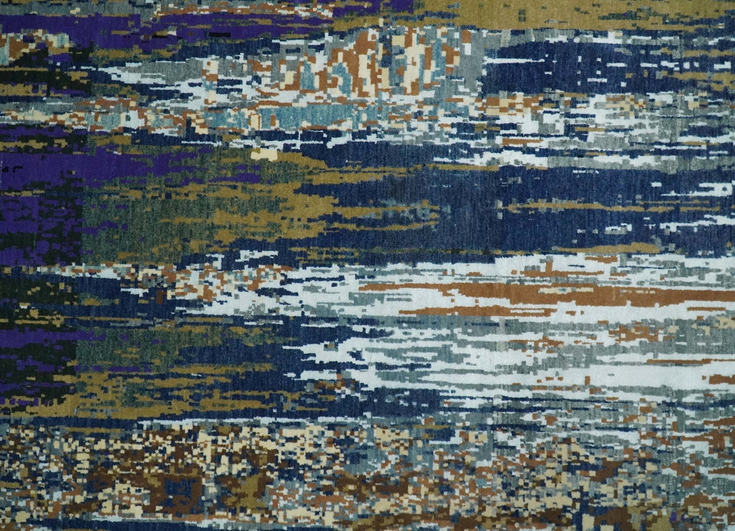 8x10 Fine Hand Knotted Blue And Brown Modern Abstract Wool and Bamboo Silk Area Rug