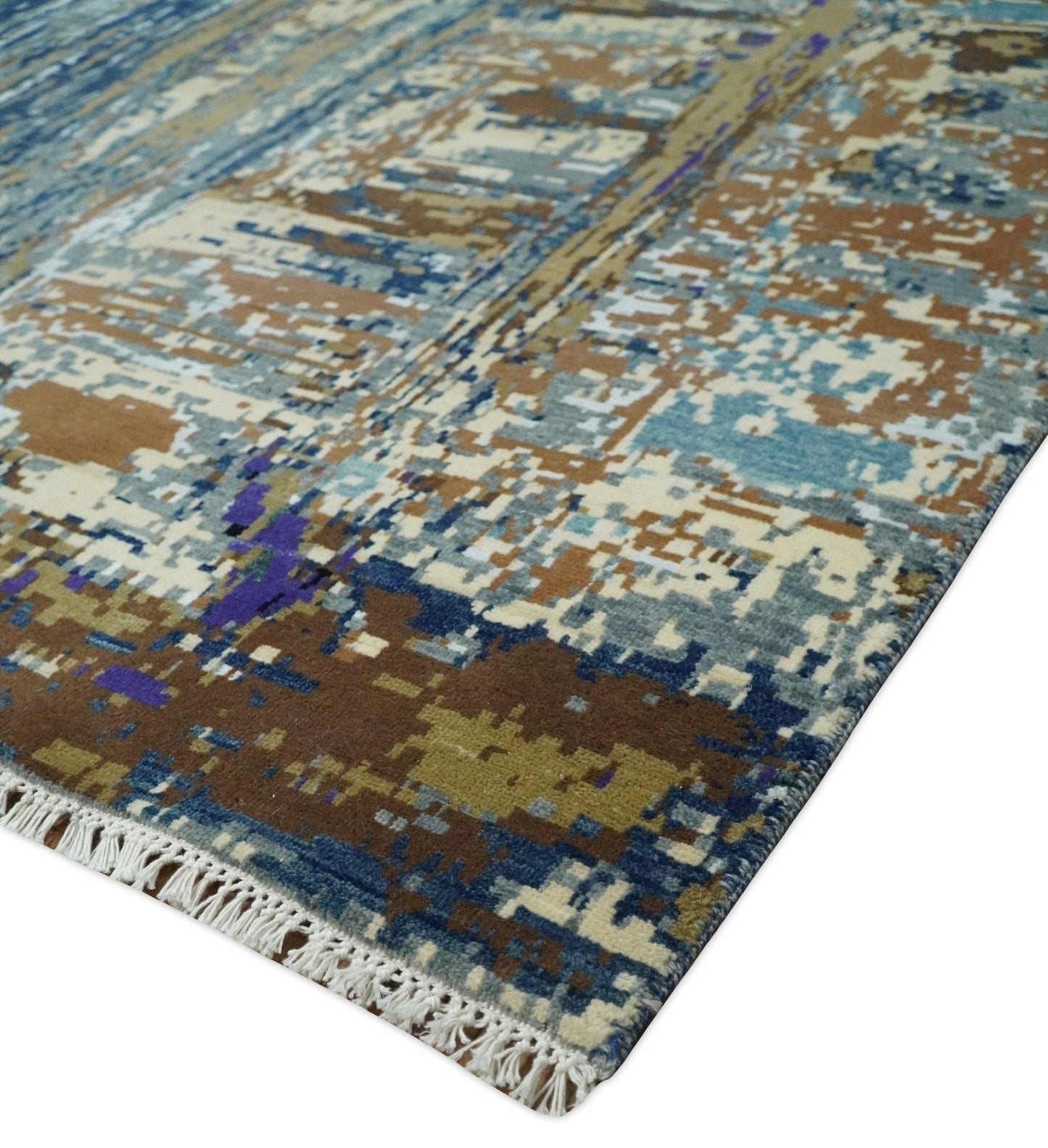 8x10 Fine Hand Knotted Blue And Brown Modern Abstract Wool and Bamboo Silk Area Rug