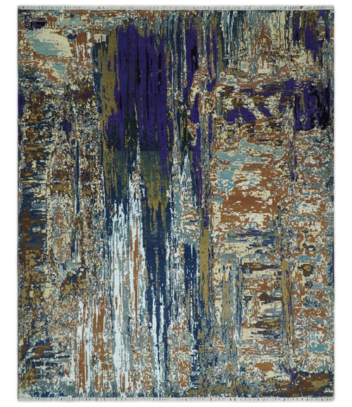 8x10 Fine Hand Knotted Blue And Brown Modern Abstract Wool and Bamboo Silk Area Rug