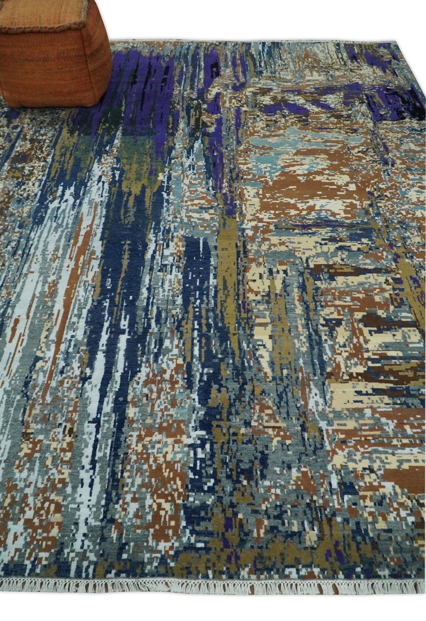 8x10 Fine Hand Knotted Brown Multicolor Modern Abstract Wool and Bamboo Silk Area Rug | AGR19 - Nuvé