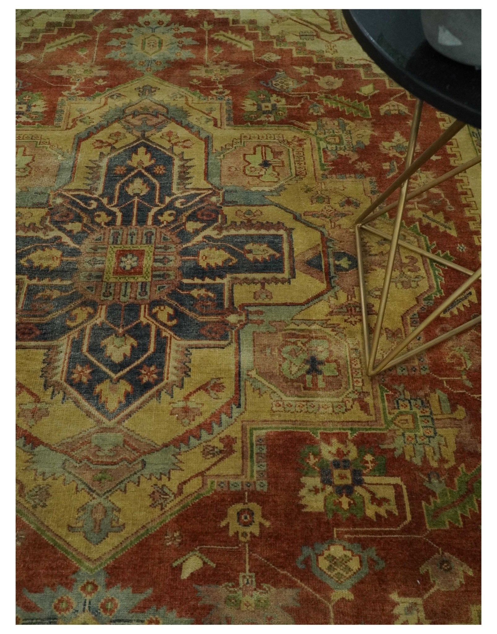 8x10 Gold, Rust and Charcoal Heriz Serapi Traditional Vintage Turkish Style Antique Look Hand Knotted Wool Area Rug | N361810 - Nuvé