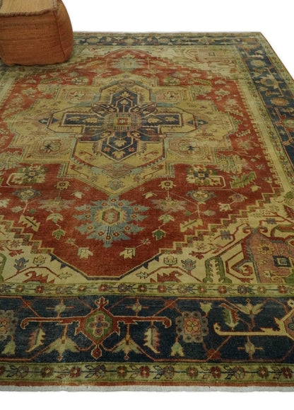 8x10 Gold, Rust and Charcoal Heriz Serapi Traditional Vintage Turkish Style Antique Look Hand Knotted Wool Area Rug | N361810 - Nuvé