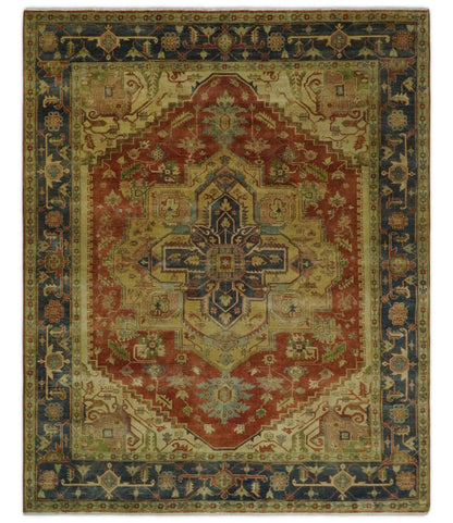 8x10 Gold, Rust and Charcoal Heriz Serapi Traditional Vintage Turkish Style Antique Look Hand Knotted Wool Area Rug | N361810 - Nuvé