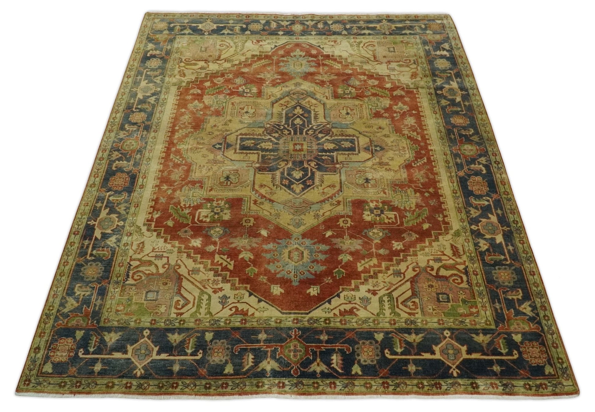 8x10 Gold, Rust and Charcoal Heriz Serapi Traditional Vintage Turkish Style Antique Look Hand Knotted Wool Area Rug | N361810 - Nuvé