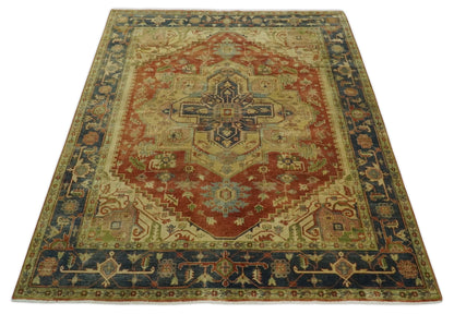 8x10 Gold, Rust and Charcoal Heriz Serapi Traditional Vintage Turkish Style Antique Look Hand Knotted Wool Area Rug | N361810 - Nuvé