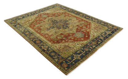 8x10 Gold, Rust and Charcoal Heriz Serapi Traditional Vintage Turkish Style Antique Look Hand Knotted Wool Area Rug | N361810 - Nuvé