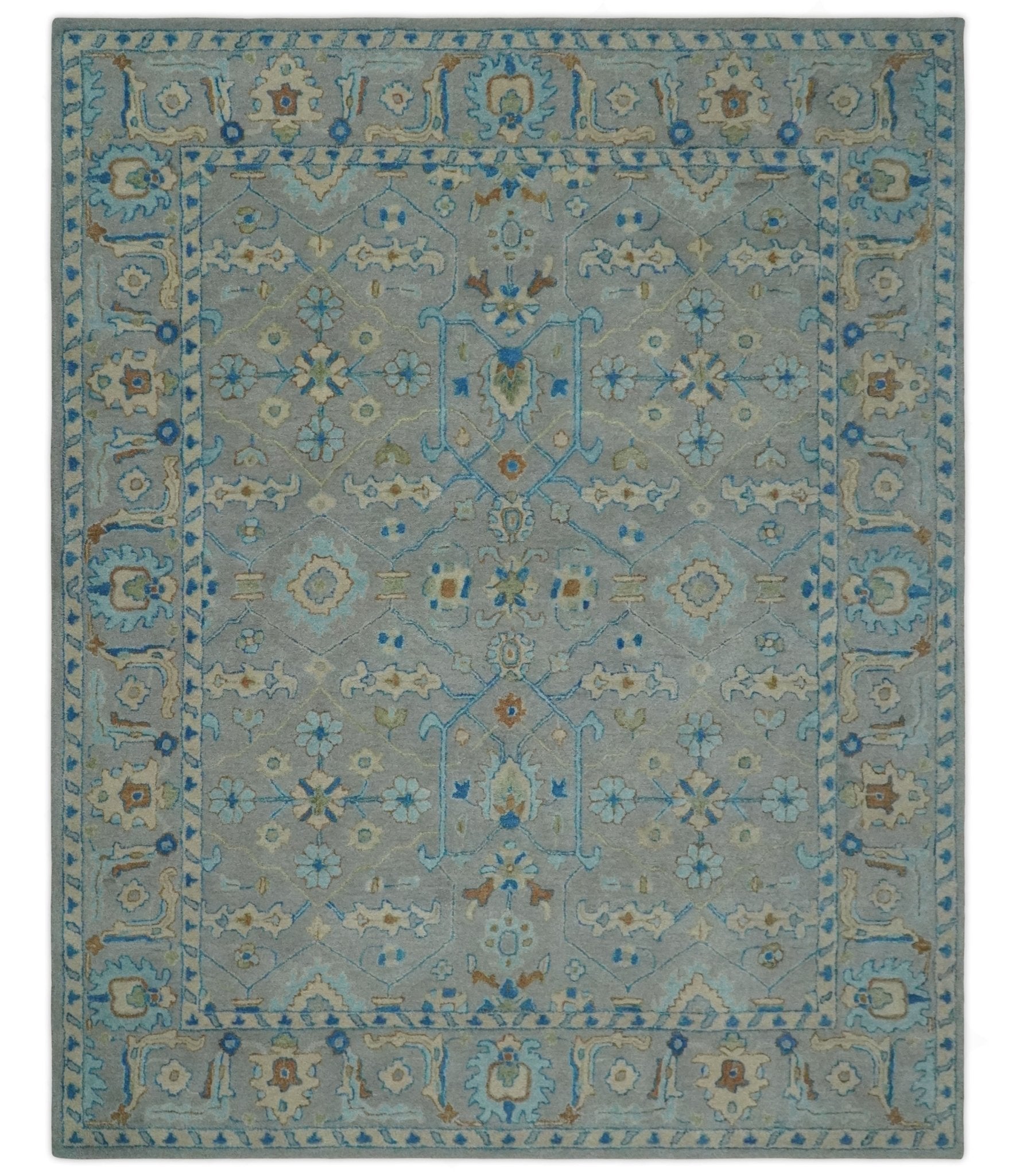 8x10 Hand Tufted Gray, Beige and Accent Blue Traditional Herati Design Wool Rug - Nuvé