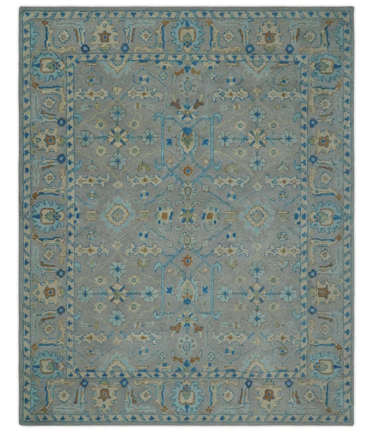 8x10 Hand Tufted Gray, Beige and Accent Blue Traditional Herati Design Wool Rug - Nuvé