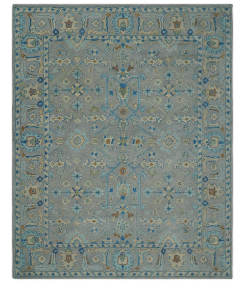 8x10 Hand Tufted Gray, Beige and Accent Blue Traditional Herati Design Wool Rug