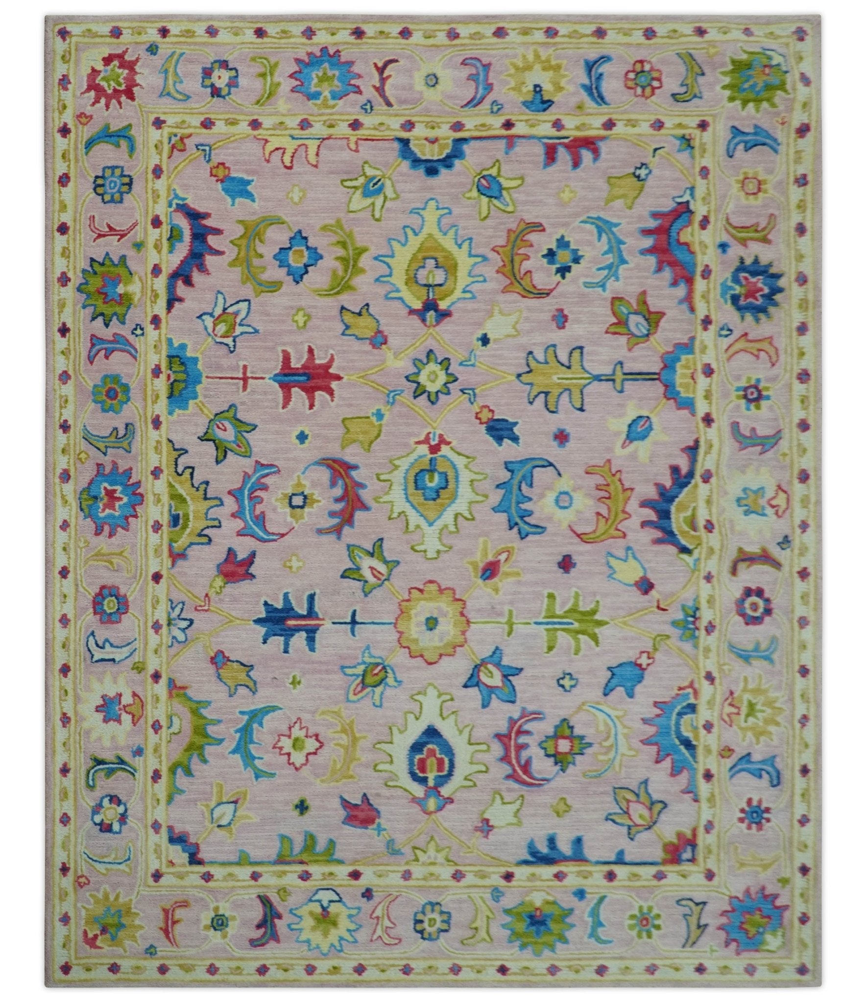 8x10 Vibrant Colorful Pink, Olive and Blue Oriental Oushak Hand Tufted area rug - Nuvé