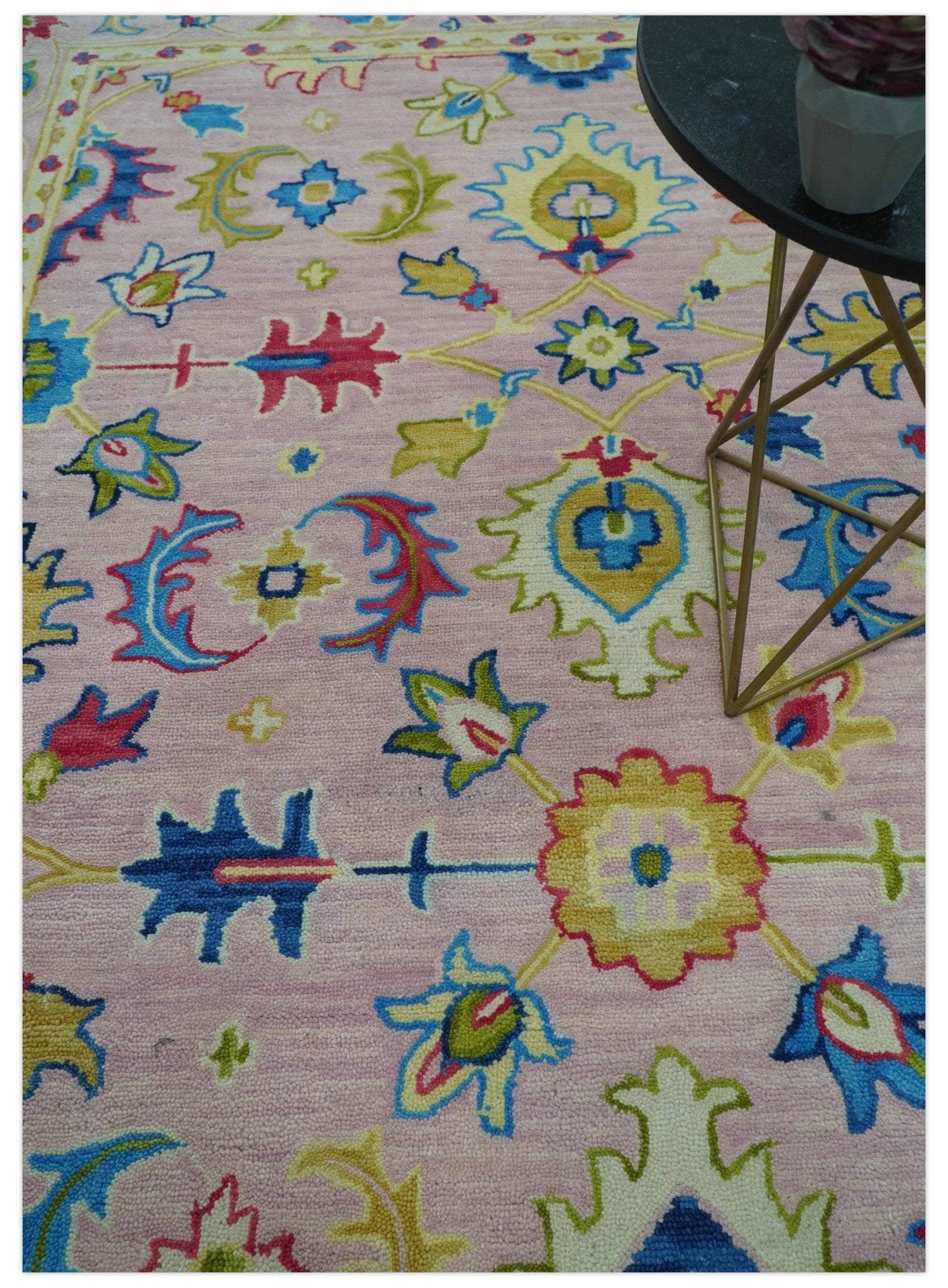 8x10 Vibrant Colorful Pink, Olive and Blue Oriental Oushak Hand Tufted area rug - Nuvé