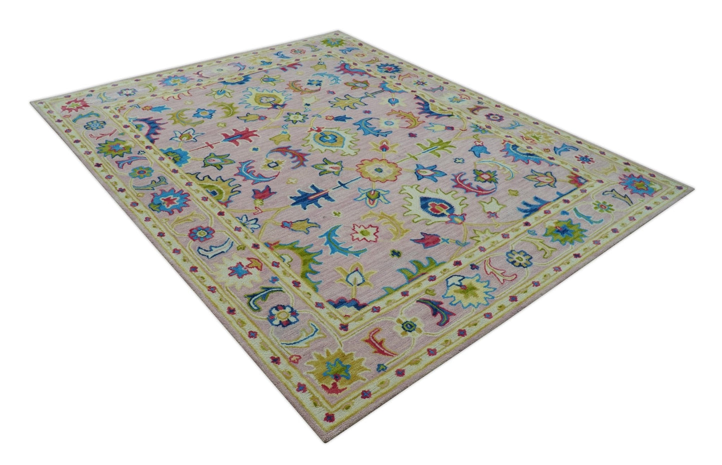 8x10 Vibrant Colorful Pink, Olive and Blue Oriental Oushak Hand Tufted area rug - Nuvé